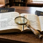 Macro comparison of open Holy Bibles showing large print typography and magnifying glass