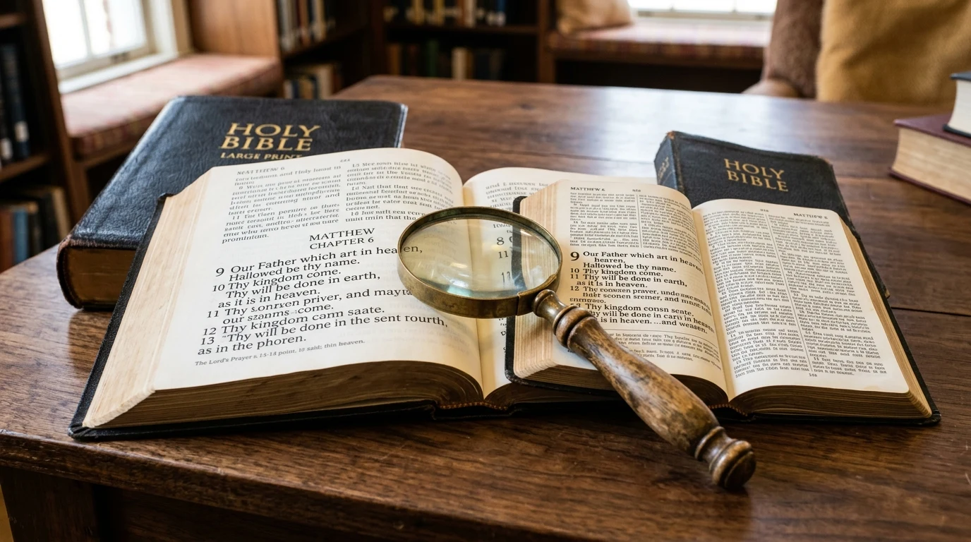 Bible Text Size and Font Guide: Comparing Compact, Standard, Large Print, and Giant Print Types 1 Macro comparison of open Holy Bibles showing large print typography and magnifying glass (AI Generated Image)