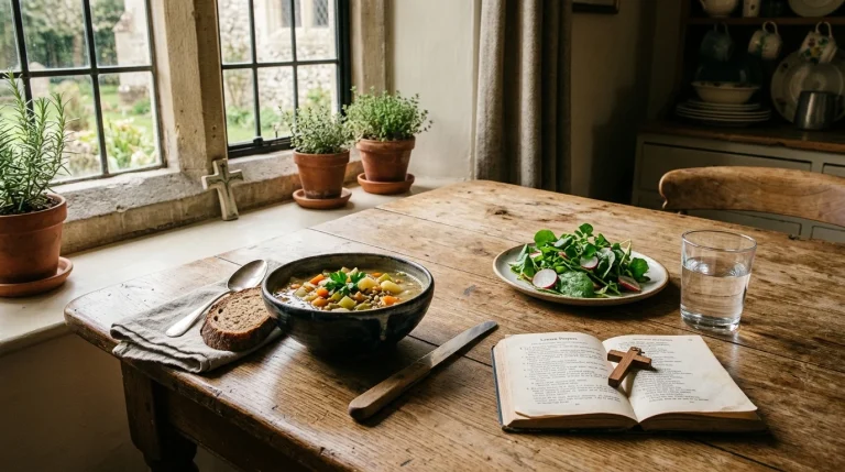 Simple wholesome Lenten meal with soup, bread, greens, and prayer book on table in British home