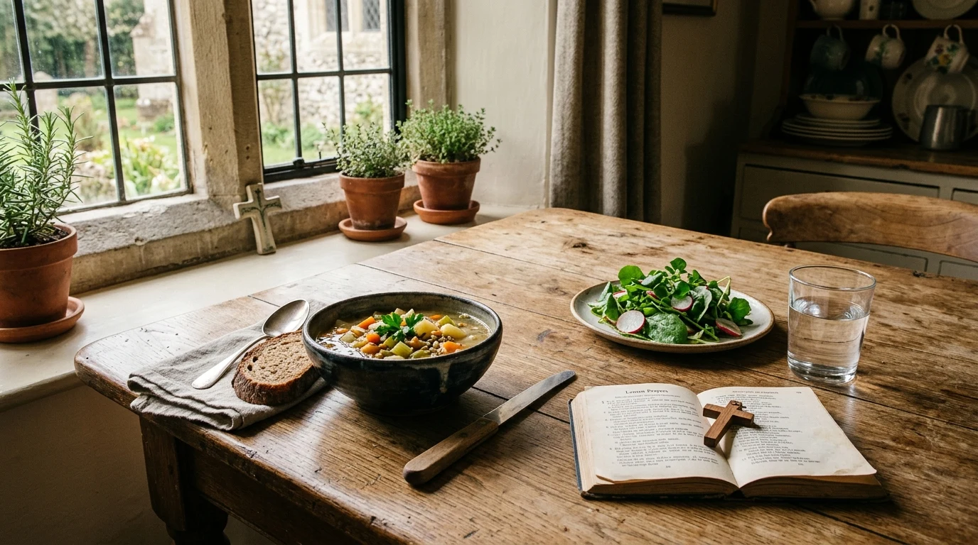 Nutrition Guidance for Christians Fasting During Lent: UK Guidelines and Healthy Spiritual Discipline 1 Simple wholesome Lenten meal with soup, bread, greens, and prayer book on table in British home (AI Generated Image)