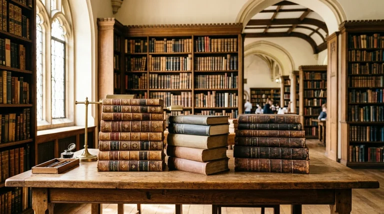 How to Dispose of Unwanted Religious and Theological Books: Donation, Recycling, and Respectful Re-homing 1 Stacks of classic theological volumes and religious books on solid wood library table in seminary library