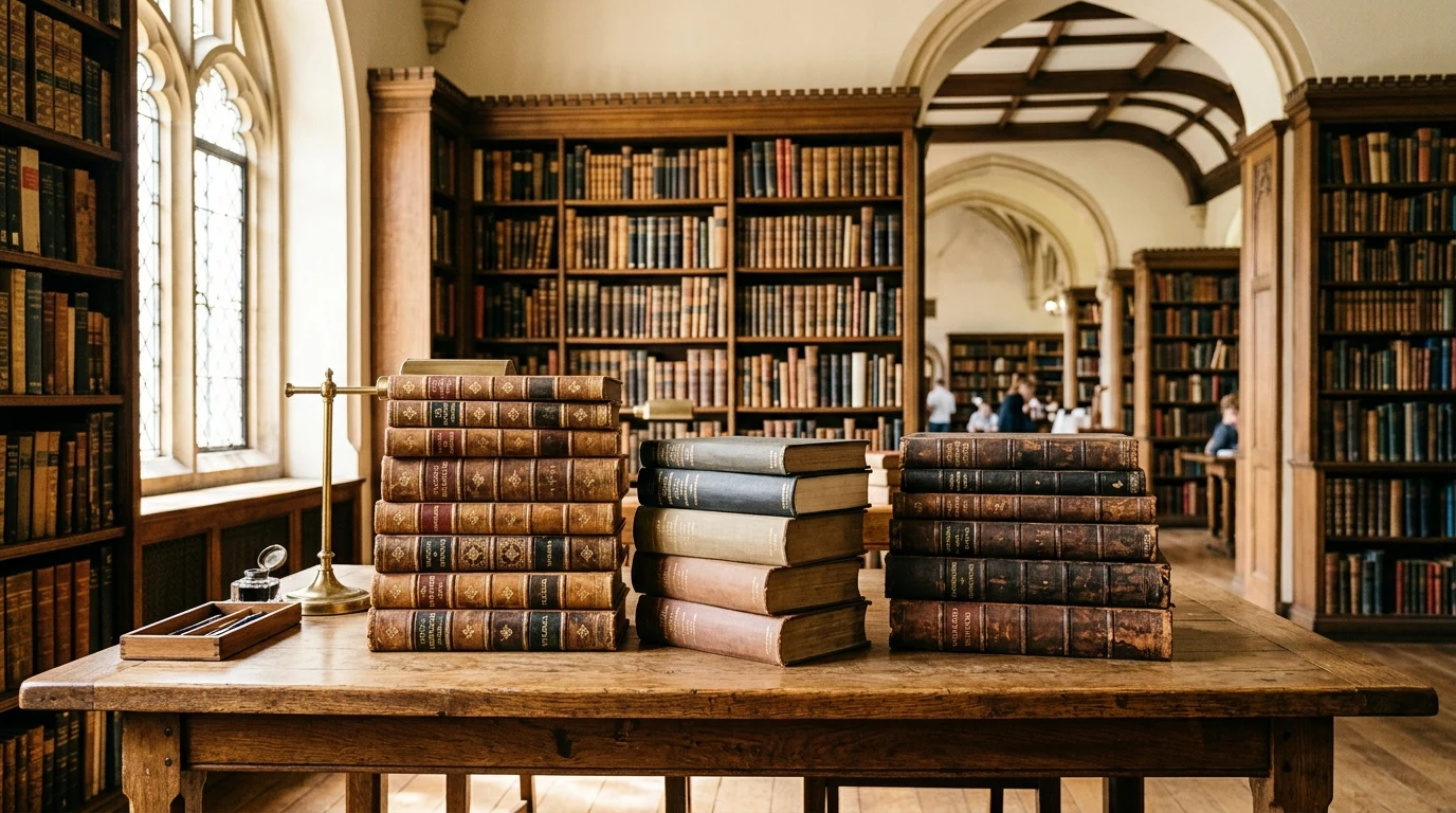 Stacks of classic theological volumes and religious books on solid wood library table in seminary library (AI Generated Image)