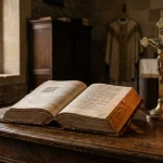 How to Reverently Dispose of Old Bible Pages and Sacred Texts: Catholic Tradition and Guidelines 3 Reverent Catholic monastic sacristy with worn leather-bound liturgical pages resting respectfully on an antique oak table next to a brass crucifix and soft candlelight