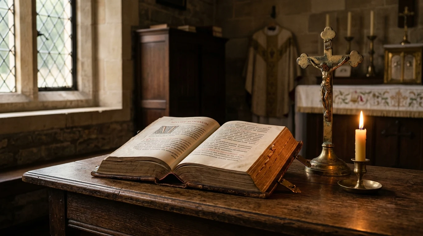 How to Reverently Dispose of Old Bible Pages and Sacred Texts: Catholic Tradition and Guidelines 1 Reverent Catholic monastic sacristy with worn leather-bound liturgical pages resting respectfully on an antique oak table next to a brass crucifix and soft candlelight (AI Generated Image)