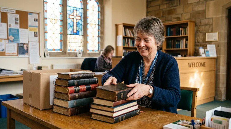 Church volunteer in parish reception area stacking gently used Holy Bibles for donation