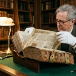 Antiquarian book collector wearing white archival cotton gloves examining ornate leather-bound Latin Vulgate Bible