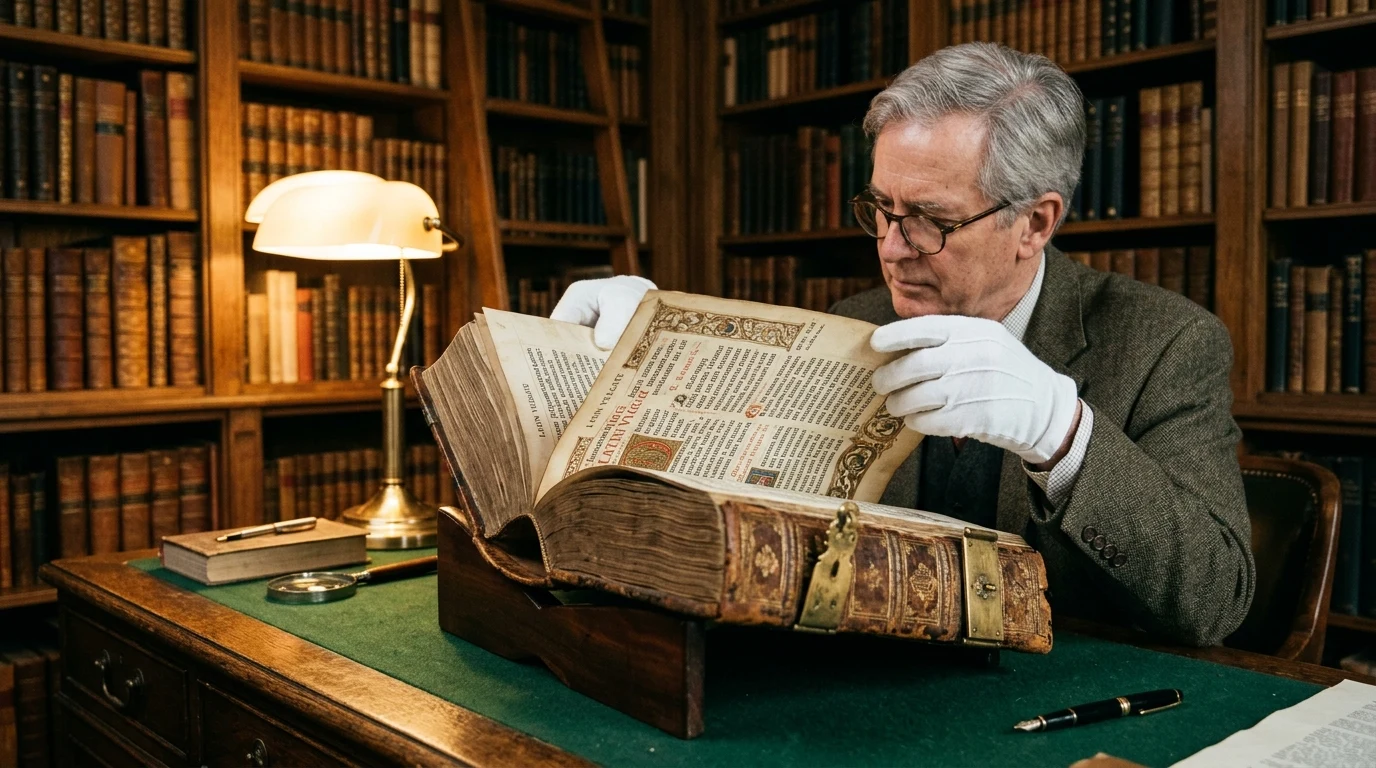 Antiquarian book collector wearing white archival cotton gloves examining ornate leather-bound Latin Vulgate Bible (AI Generated Image)