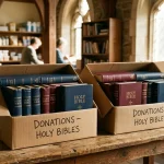 Institutions and Individuals That Donate Free Bibles: Catholic and Christian Outreach Directory 2 Hardcover Holy Bibles packed carefully in donation boxes in church pantry