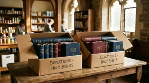 Hardcover Holy Bibles packed carefully in donation boxes in church pantry