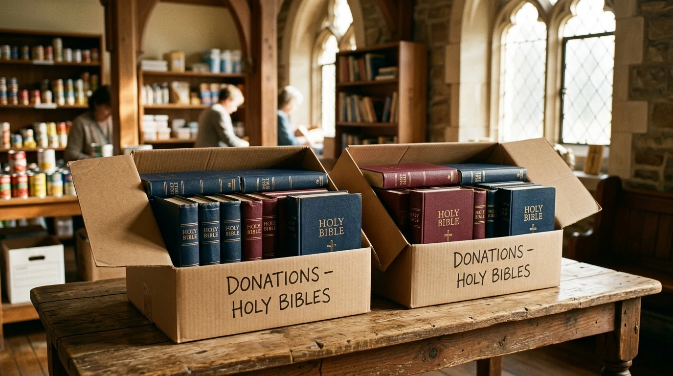 Hardcover Holy Bibles packed carefully in donation boxes in church pantry (AI Generated Image)